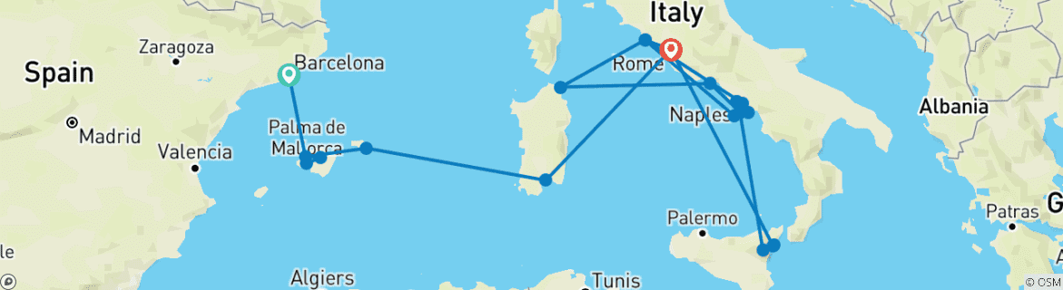 Image of a map showing the route of the tour