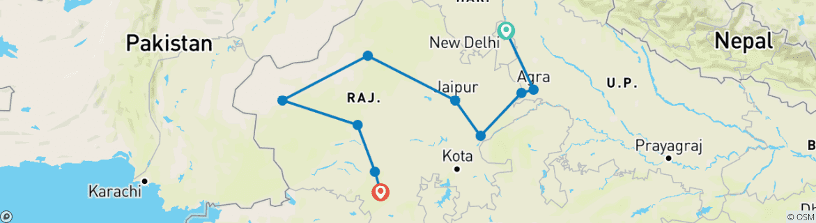 Image of a map showing the route of the tour