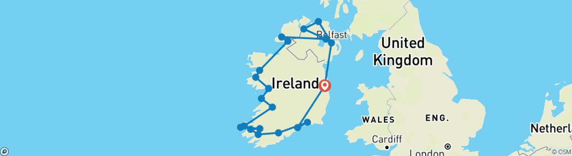 Image of a map showing the route of the tour