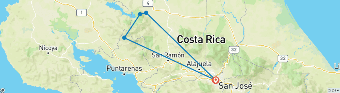 Image of a map showing the route of the tour