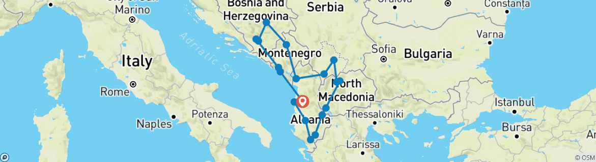 Image of a map showing the route of the tour