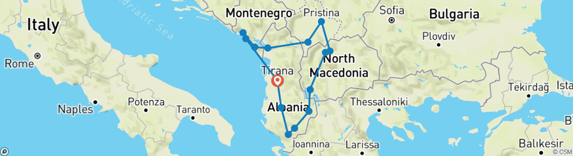 Image of a map showing the route of the tour