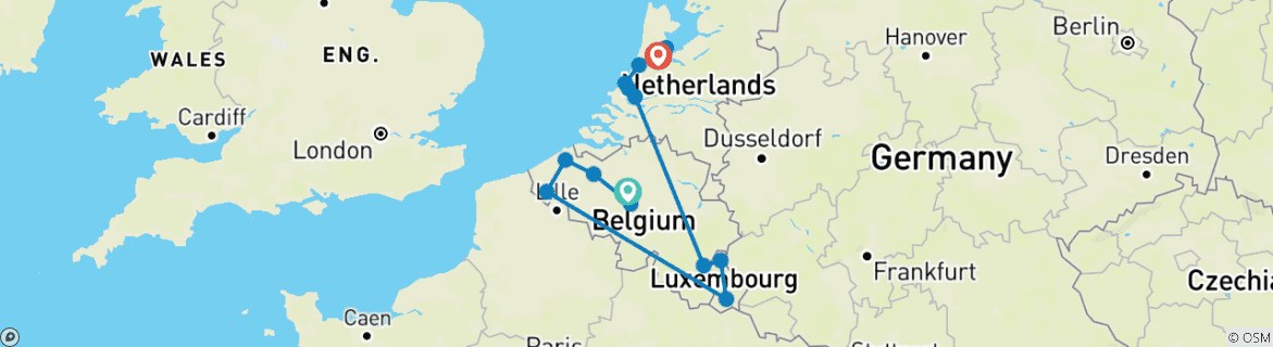 Image of a map showing the route of the tour