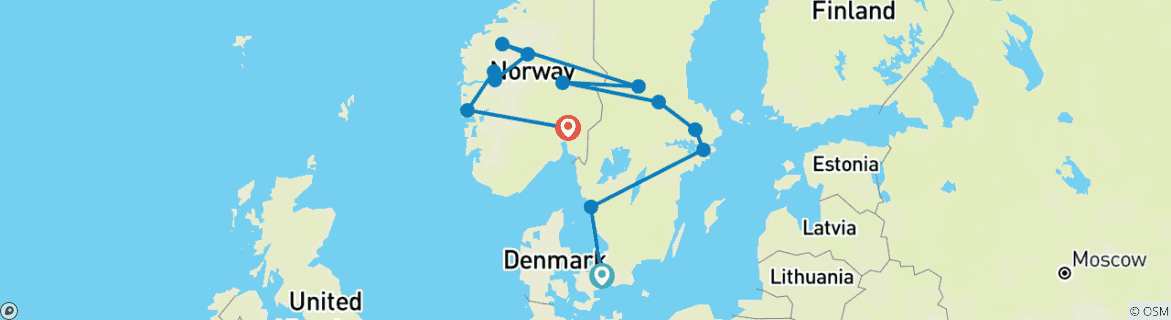 Image of a map showing the route of the tour
