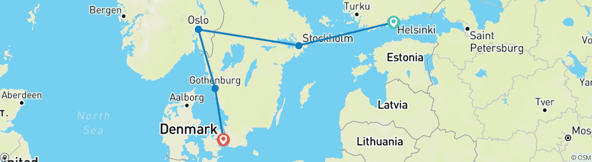Image of a map showing the route of the tour