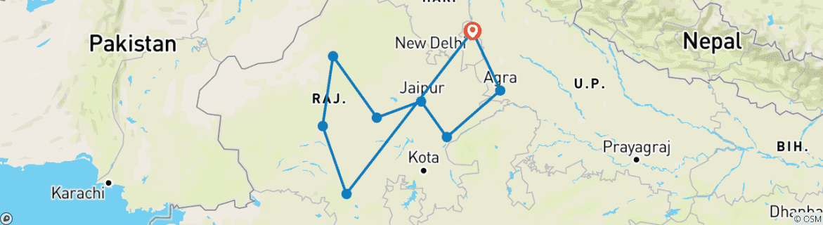 Image of a map showing the route of the tour