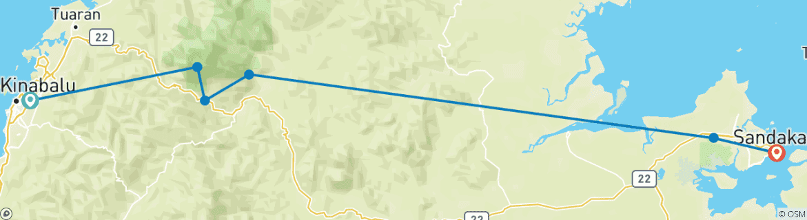 Image of a map showing the route of the tour
