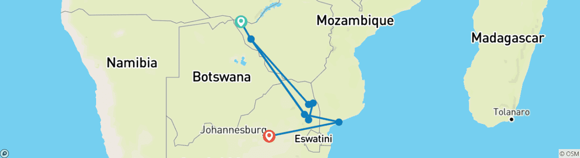Image of a map showing the route of the tour