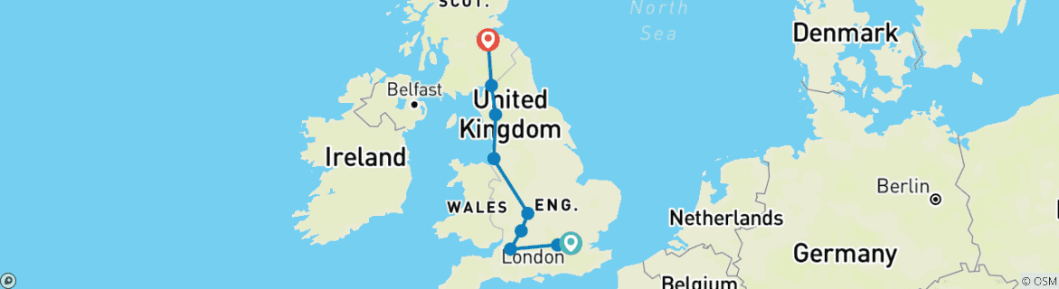 Image of a map showing the route of the tour