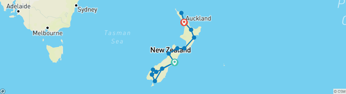 Image of a map showing the route of the tour
