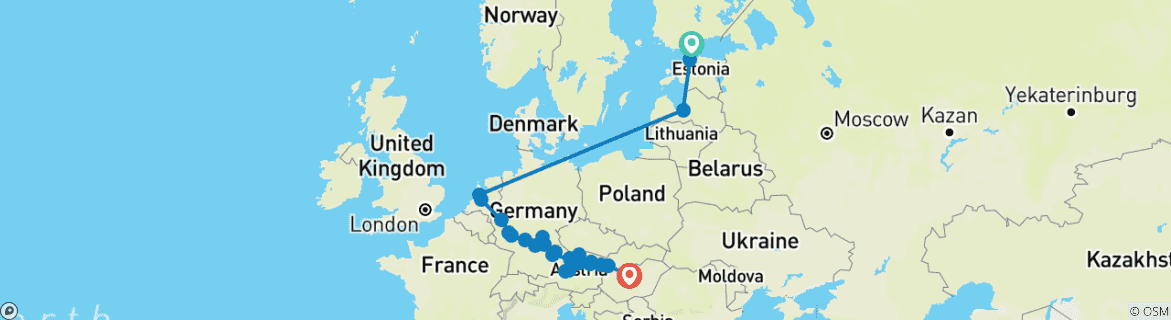 Image of a map showing the route of the tour