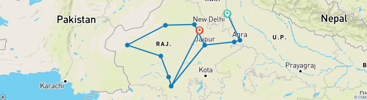Image of a map showing the route of the tour