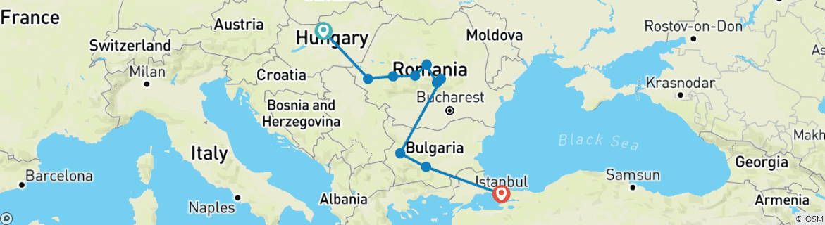 Image of a map showing the route of the tour