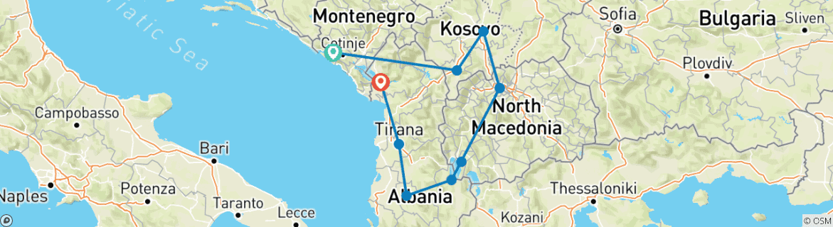 Image of a map showing the route of the tour