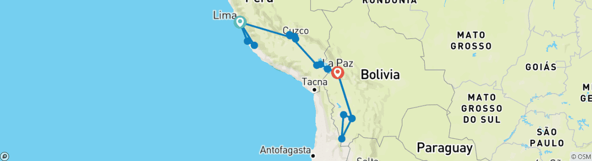 Image of a map showing the route of the tour