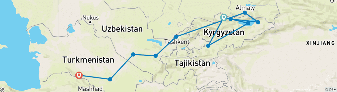 Image of a map showing the route of the tour