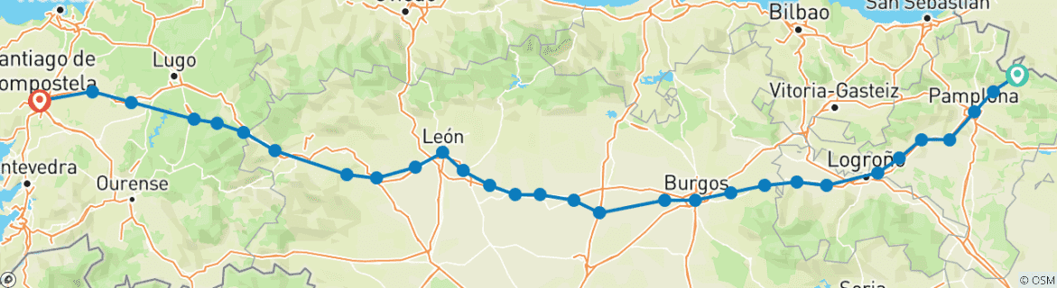 Image of a map showing the route of the tour