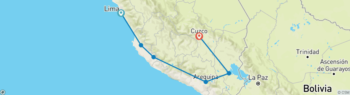 Image of a map showing the route of the tour