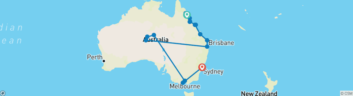 Image of a map showing the route of the tour
