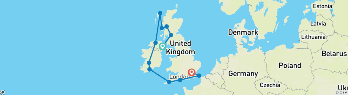 Image of a map showing the route of the tour