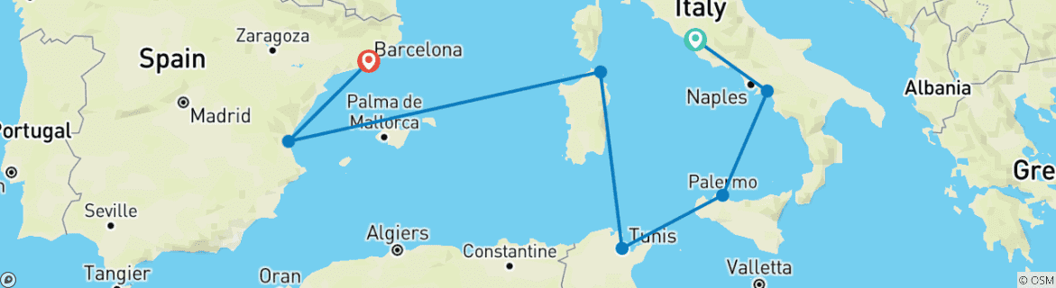 Image of a map showing the route of the tour
