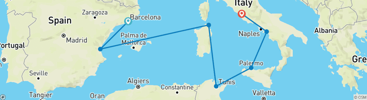 Image of a map showing the route of the tour