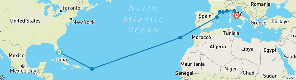 Image of a map showing the route of the tour