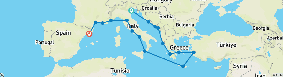 Image of a map showing the route of the tour