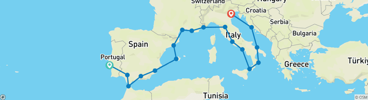 Image of a map showing the route of the tour