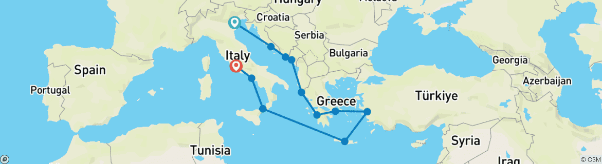 Image of a map showing the route of the tour