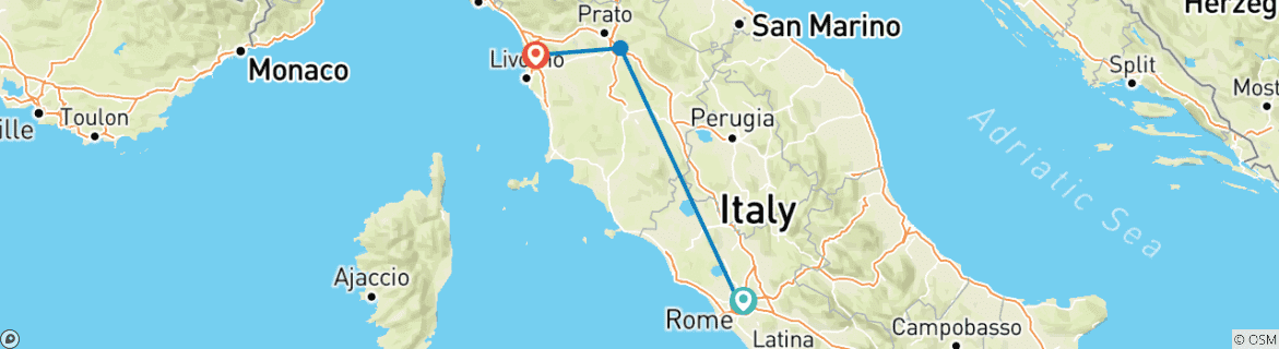 Image of a map showing the route of the tour