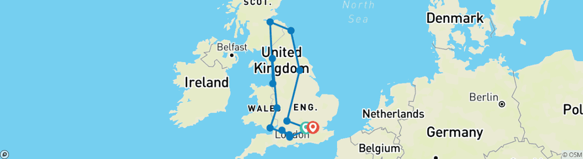 Image of a map showing the route of the tour