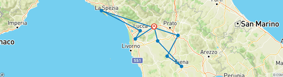 Image of a map showing the route of the tour