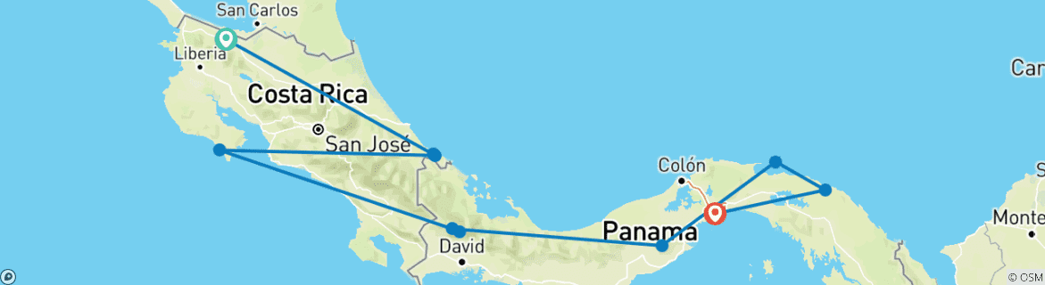 Image of a map showing the route of the tour
