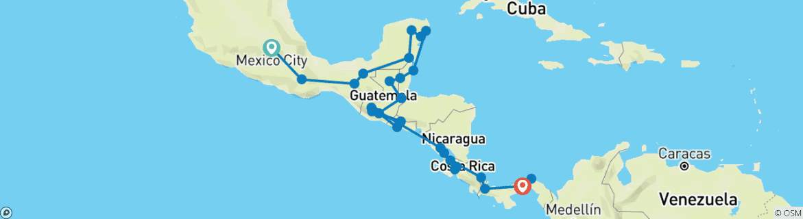 Image of a map showing the route of the tour