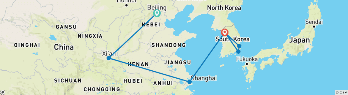 Image of a map showing the route of the tour