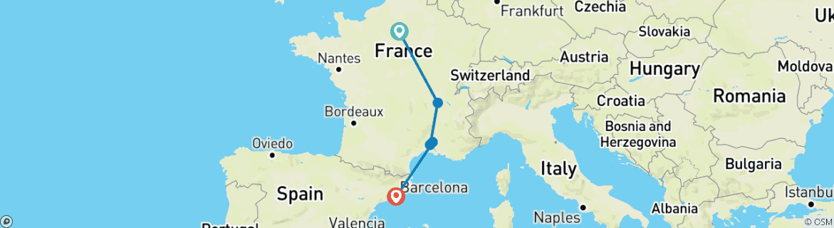 Image of a map showing the route of the tour