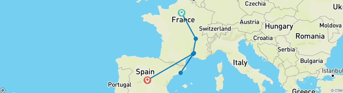 Image of a map showing the route of the tour