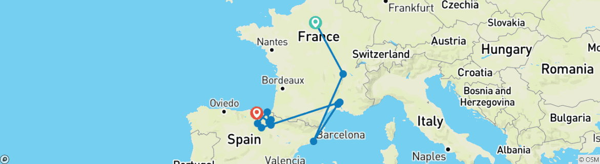 Image of a map showing the route of the tour