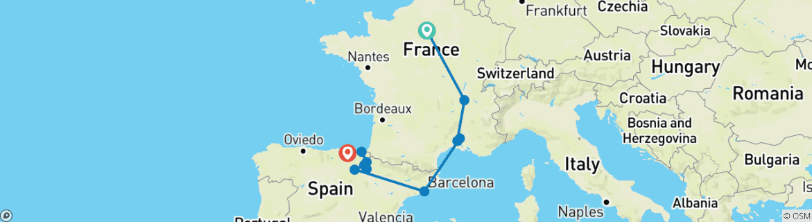 Carte du circuit La France et l'Espagne englobées