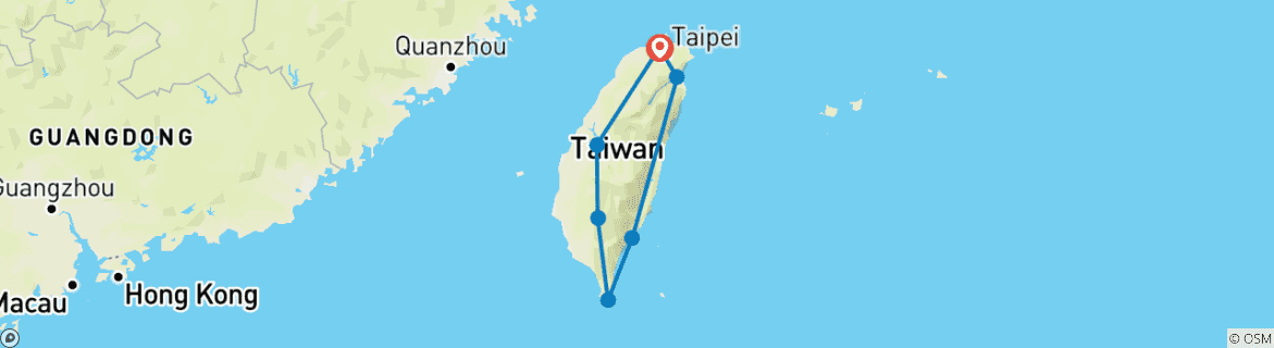 Image of a map showing the route of the tour