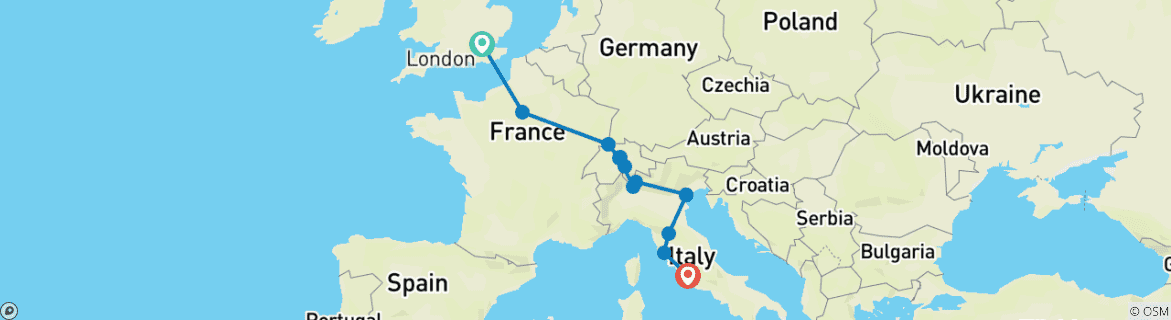 Image of a map showing the route of the tour