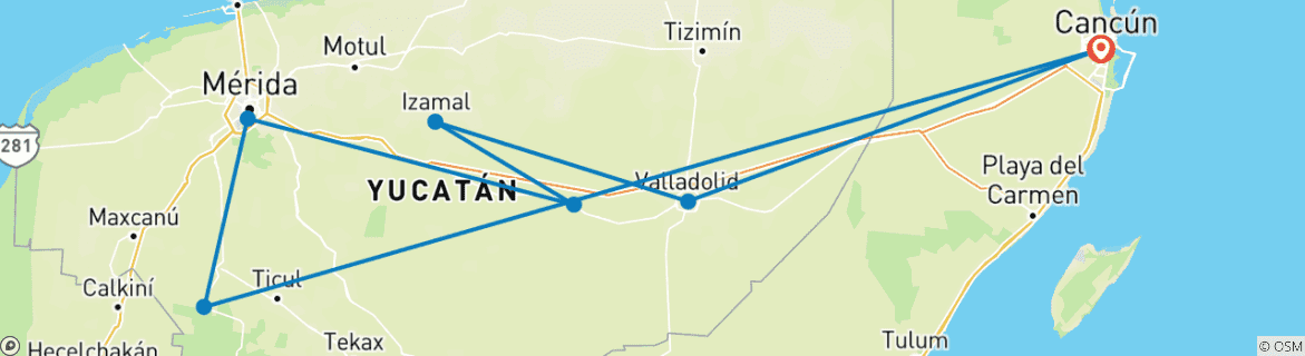 Image of a map showing the route of the tour