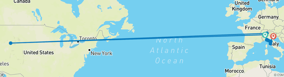 Image of a map showing the route of the tour
