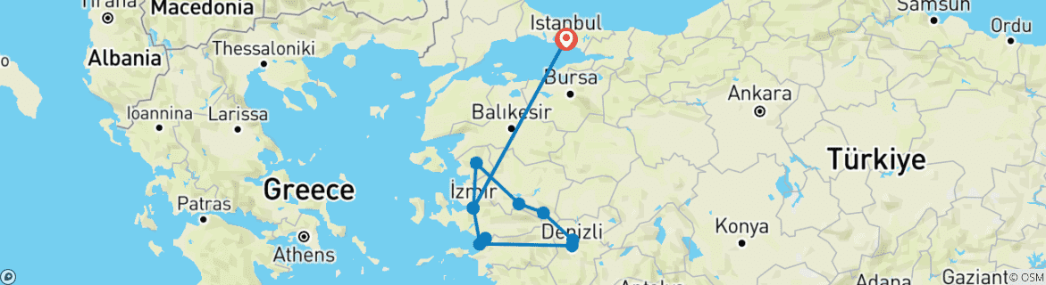 Image of a map showing the route of the tour