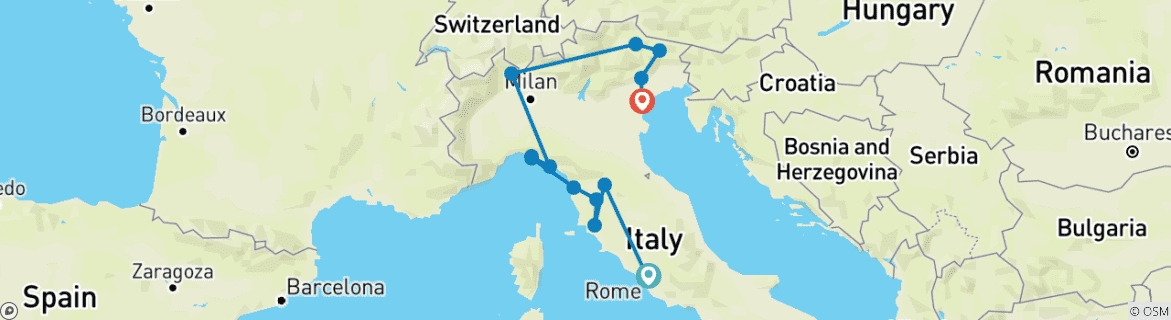 Image of a map showing the route of the tour