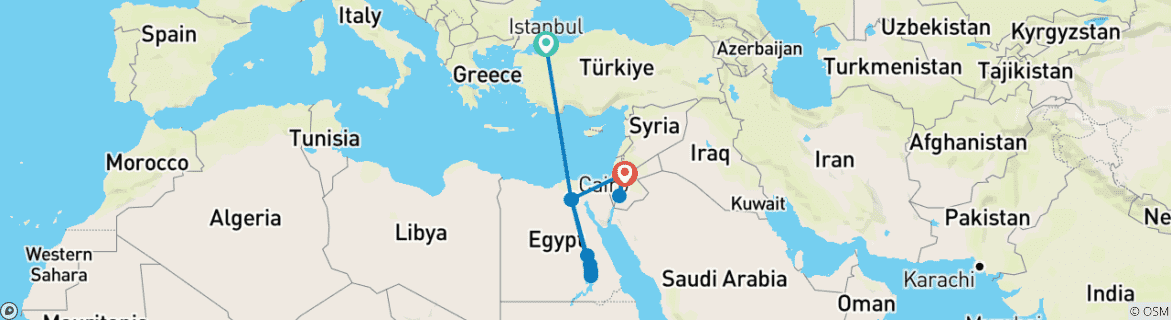 Image of a map showing the route of the tour