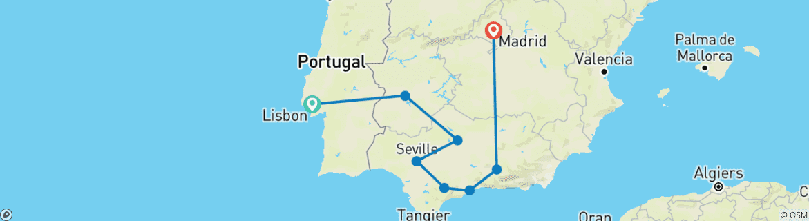 Image of a map showing the route of the tour