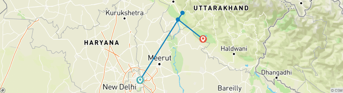 Image of a map showing the route of the tour