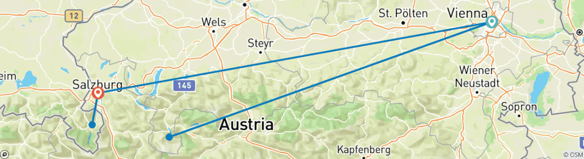 Image of a map showing the route of the tour